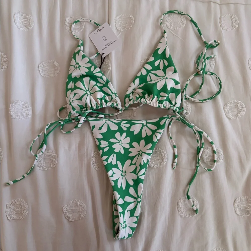 Skatie Green and White Floral String Bikini - Picture 2 of 11